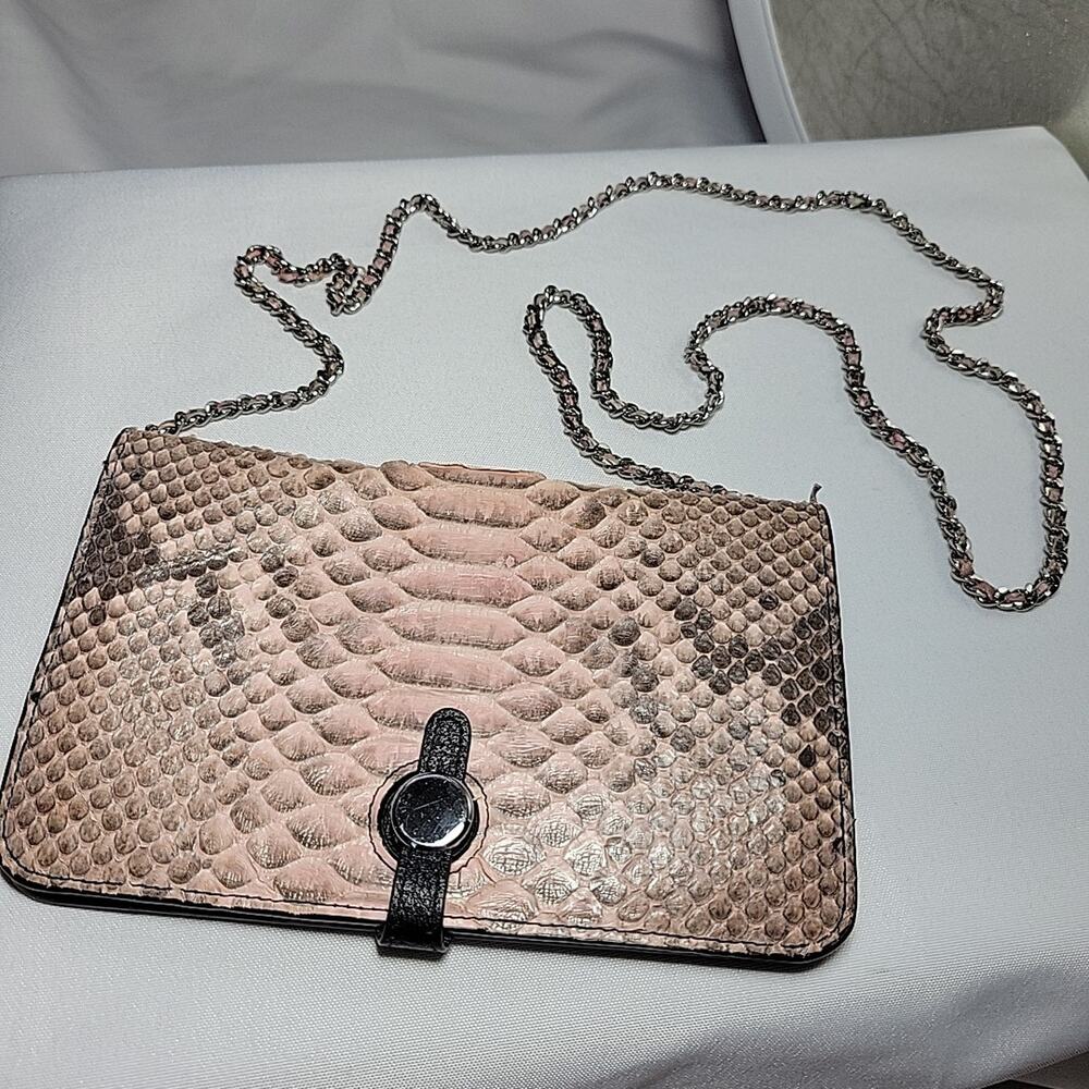 RARE Genuine Snakeskin Purse W/Silver and Pink Metal Chain Shoulder Strap UNIQUE